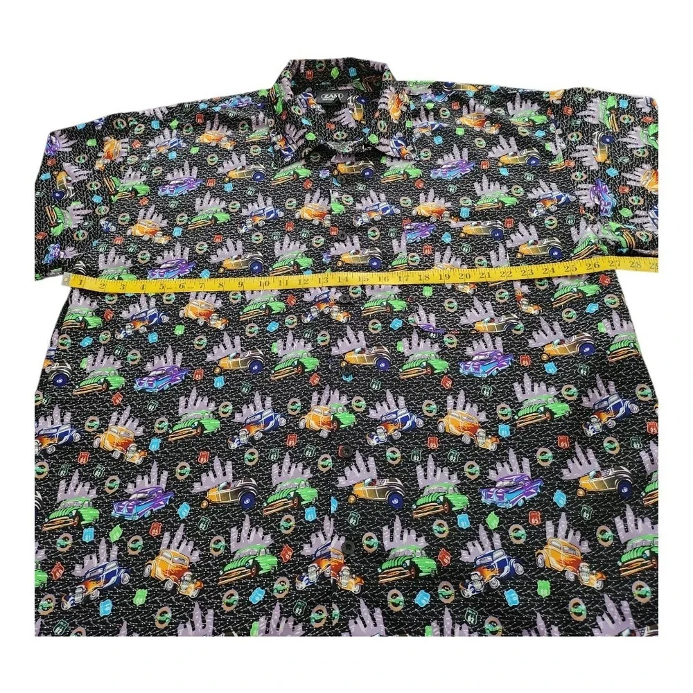 ZAM Short Sleeve Button‎ Up Vintage Black Shirt Size 2XL Cars City Colorful NWOT